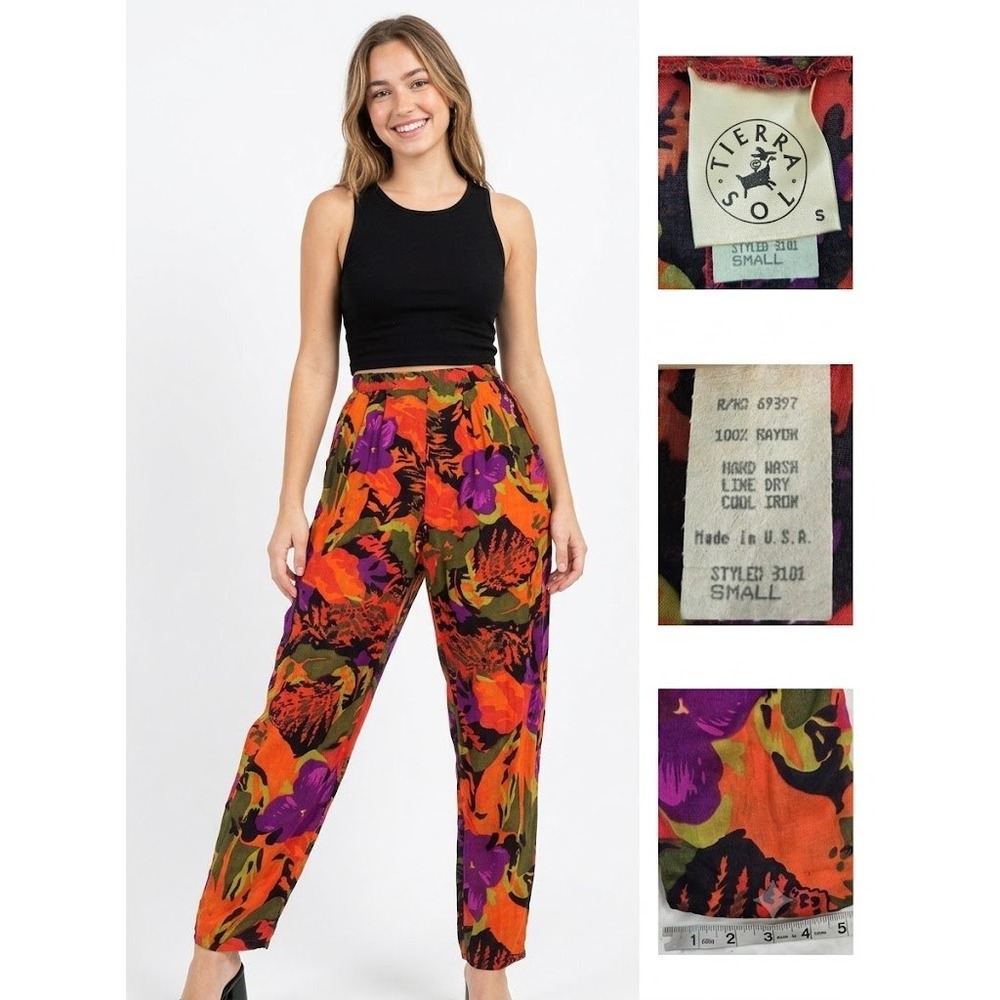 VTG Tierra Sols Pants Womens Small Rayon Abstract Floral Harem 80s Made in USA